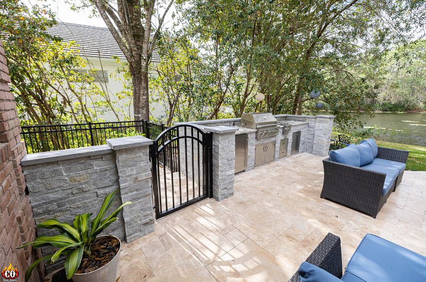Built to Last: Custom Outdoor Kitchen with Wall & Gate Made Entirely of Non-Combustible Concrete